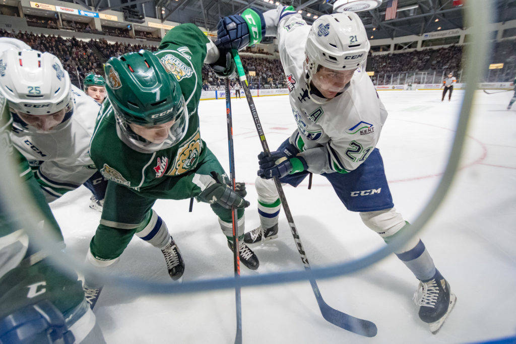 The Thunderbirds’ Matthew Wedman, here working for the puck against Everett during WHL play last season, was chosen by the Florida Panthers in the seventh round of the NHL Draft. Wedman led the T-Birds in scoring last season with 40 goals and 37 assists. COURTESY PHOTO, Brian Liesse, T-Birds