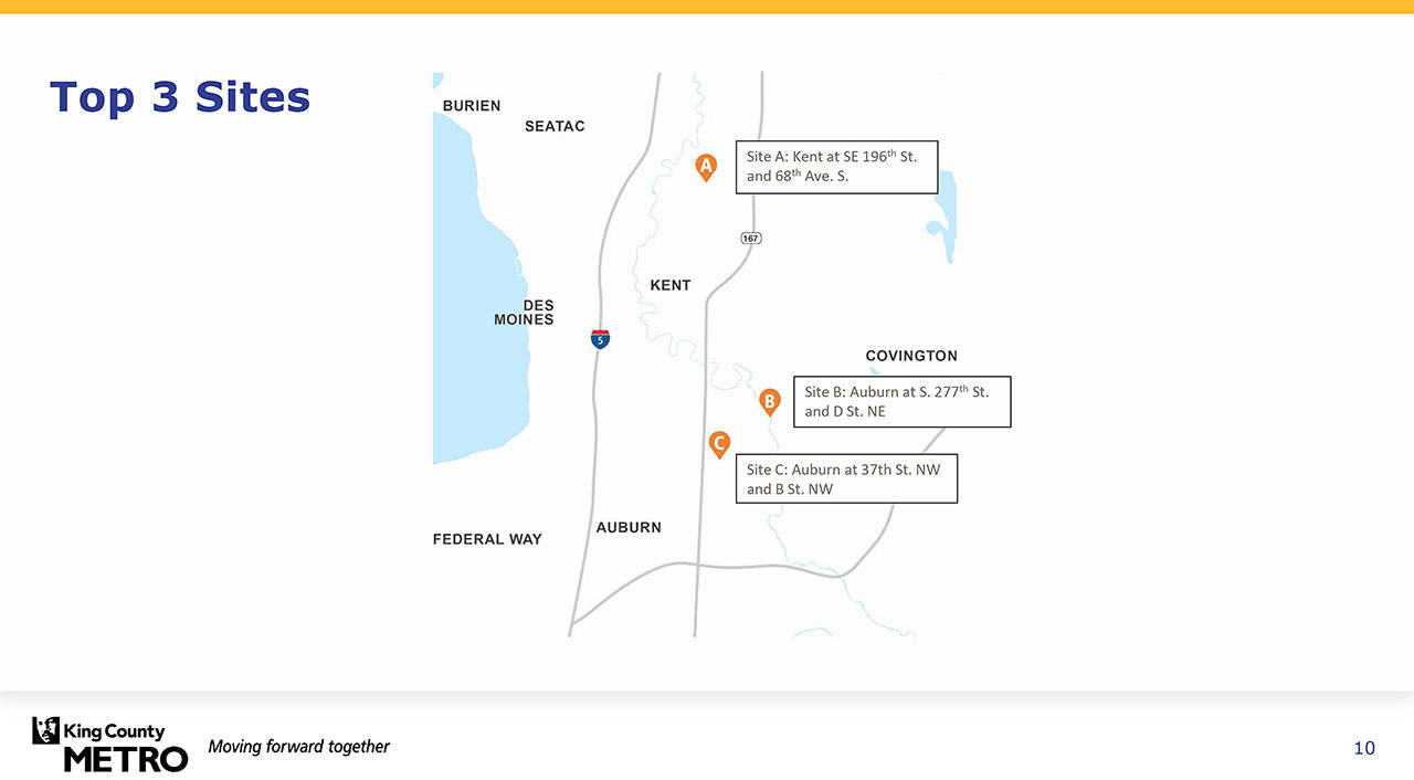 A look at the two sites in Auburn and one in Kent under consideration for a new King County Metro bus base for electric buses to open in 2030. COURTESY GRAPHIC, King County Metro