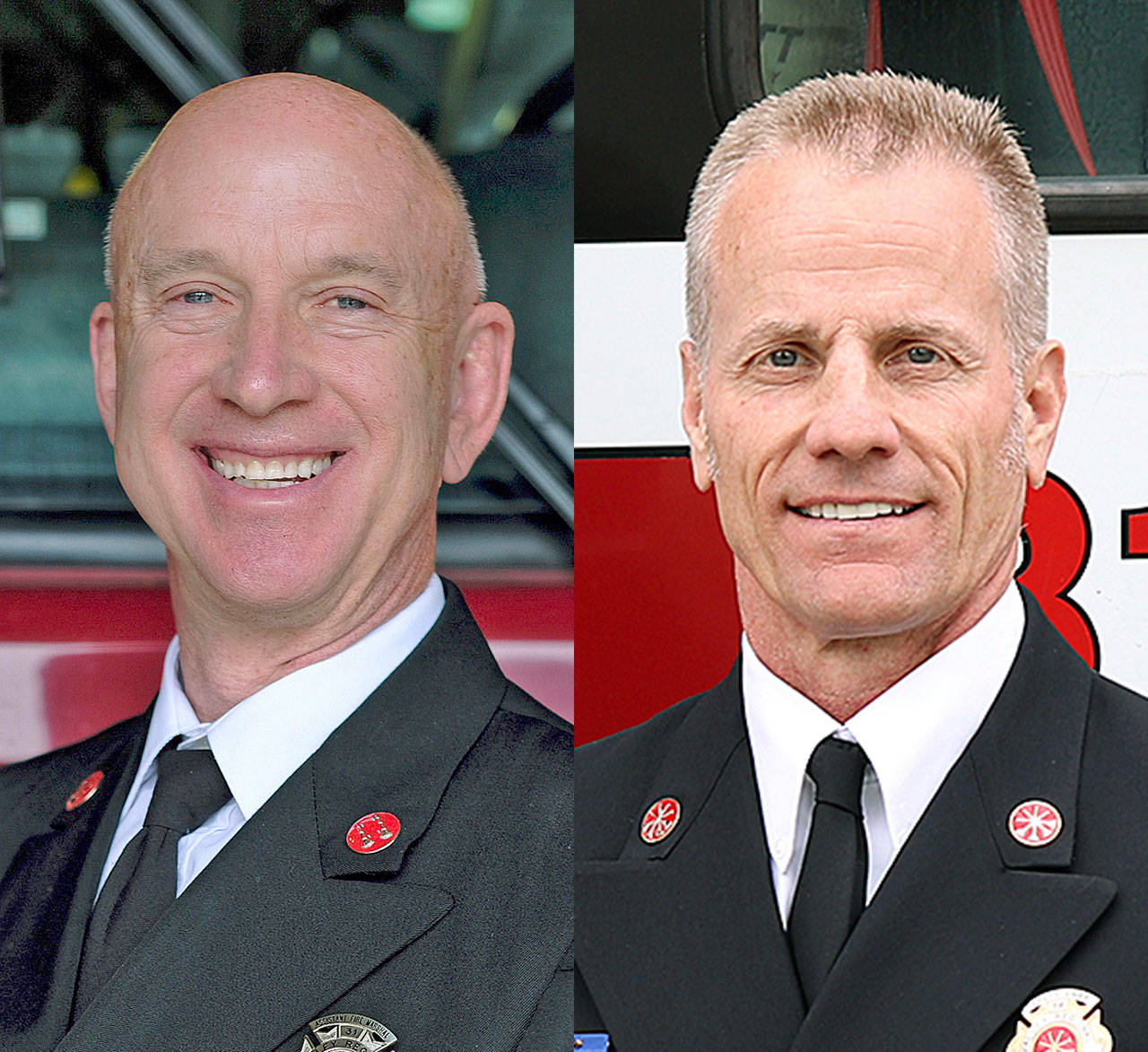 VRFA’s Larry Upton, assistant fire marshal, left, and Kevin Olson, deputy chief of operations, have retired. COURTESY PHOTOS, VRFA