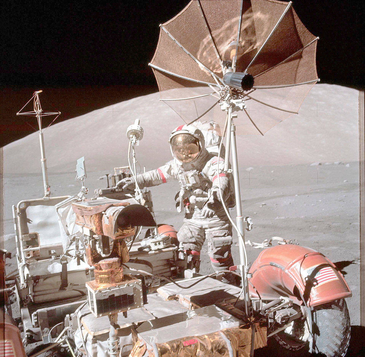 Boeing in Kent completed, tested and delivered the Lunar Roving Vehicle to NASA for the Apollo 15, 16 and 17 missions. The battery-powered “moon buggy,” which carried two astronauts, their equipment and lunar samples, performed admirably on the lunar surface. COURTESY PHOTO, City of Kent, Boeing