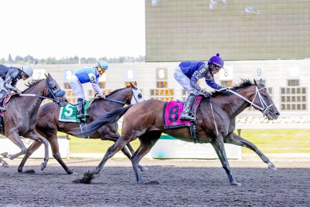 Kevin Orozco guides More Power to Him to victory in the $50,000 Mt. Rainier Stakes for 3-year-olds and up Sunday at Emerald Downs. COURTESY TRACK PHOTO