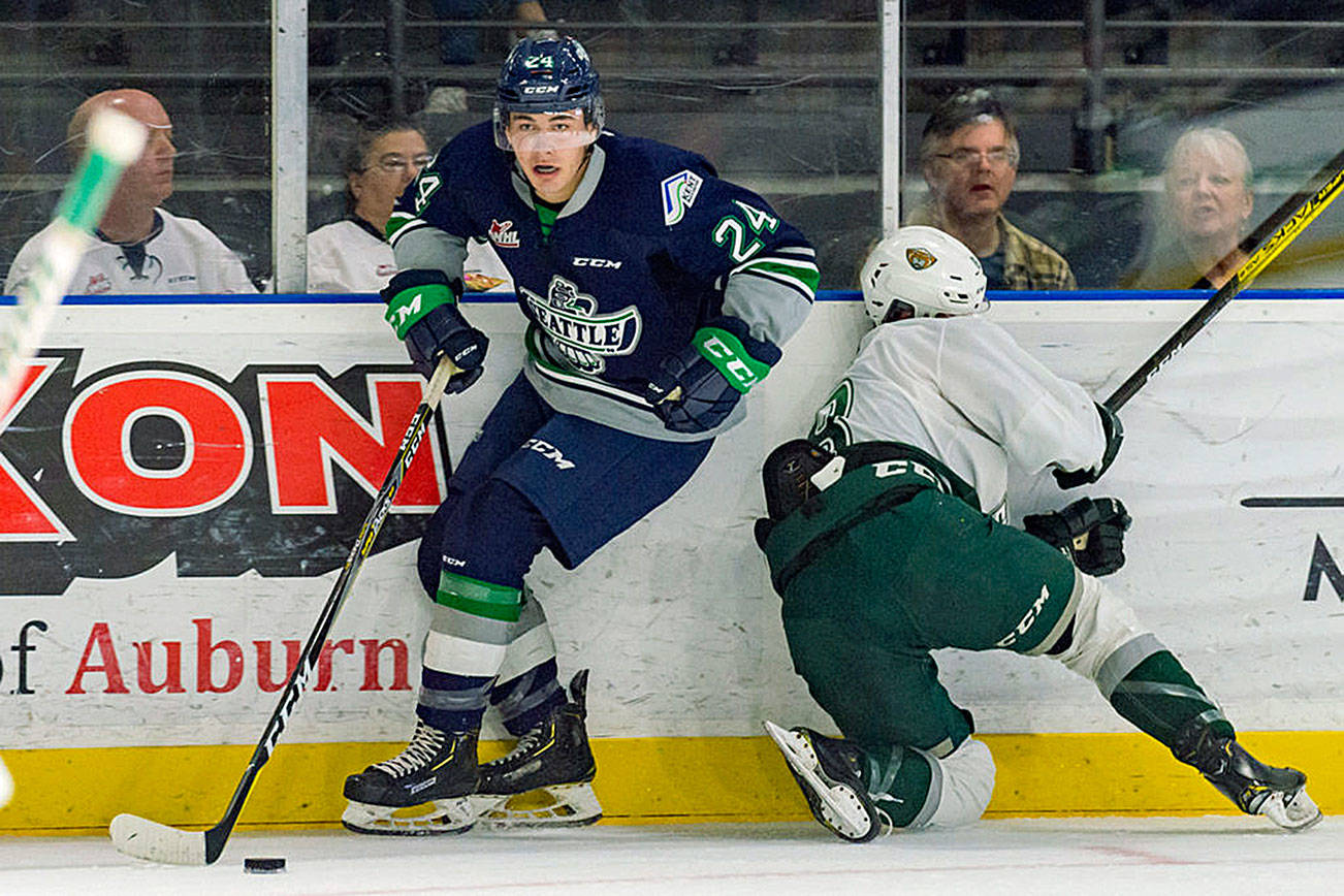Newcomer Alex Morozoff looks to pass the puck up the ice for the Thunderbirds during their preseason victory over the Silvertips. COURTESY PHOTO, Brian Liesse, Thunderbirds