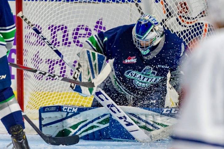 Roddy Ross was solid between the pipes Saturday night, making 50 saves in the Seattle Thunderbirds’ 4-1 win against Kamloops. COURTESY PHOTO, Brian Liesse, T-Birds