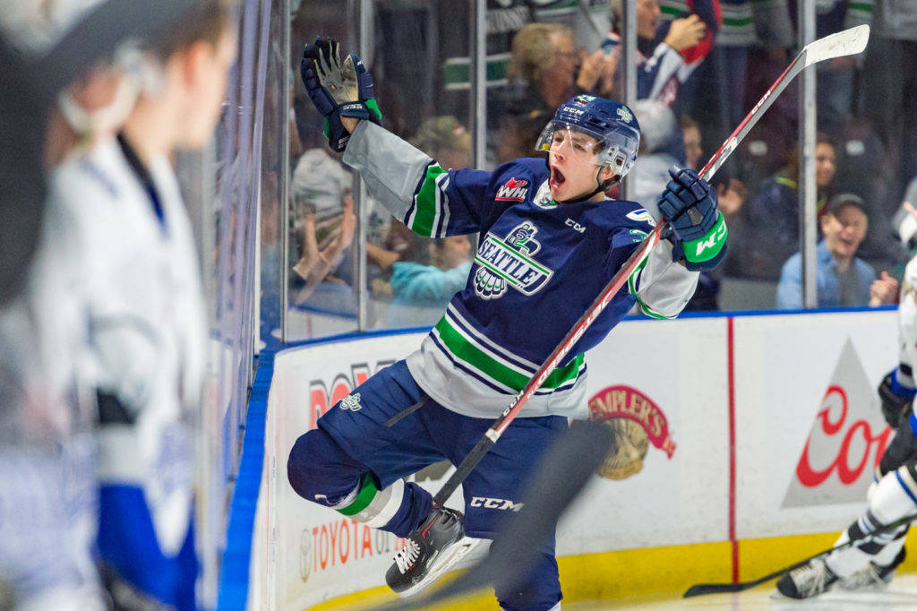 The Thunderbirds’ Conner Roulette celebrates after delivering a hat trick during a 5-3 win over Victoria on Saturday night at the accesso ShoWare Center. COURTESY PHOTO, Brian Liesse/T-Birds