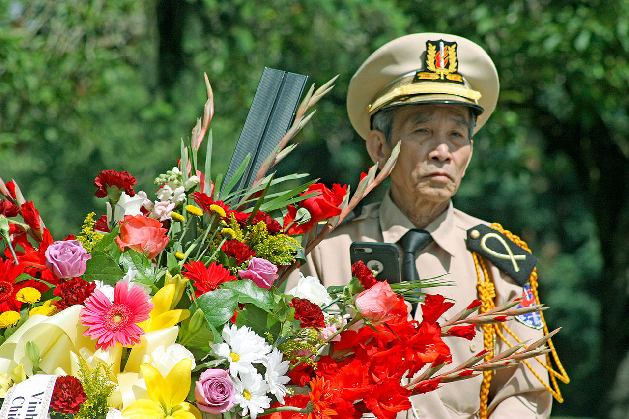 A memorial wreath stands ready for placement during a special ceremony commemorating South Vietnam Armed Forces Day at the joint American-Vietnamese War Memorial at Les Grove Park on June 15. MARK KLAAS, Auburn Reporter