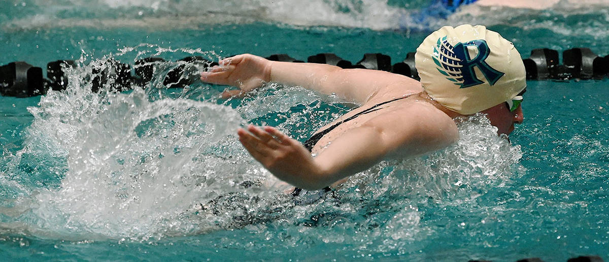Kyra Brandt swims the butterfly leg of Auburn Riverside’s 200-yard medley relay at the All-City girls swim meet at the Auburn School District Pool on Monday night. The Ravens took the race and the team title. RACHEL CIAMPI, Auburn Reporter