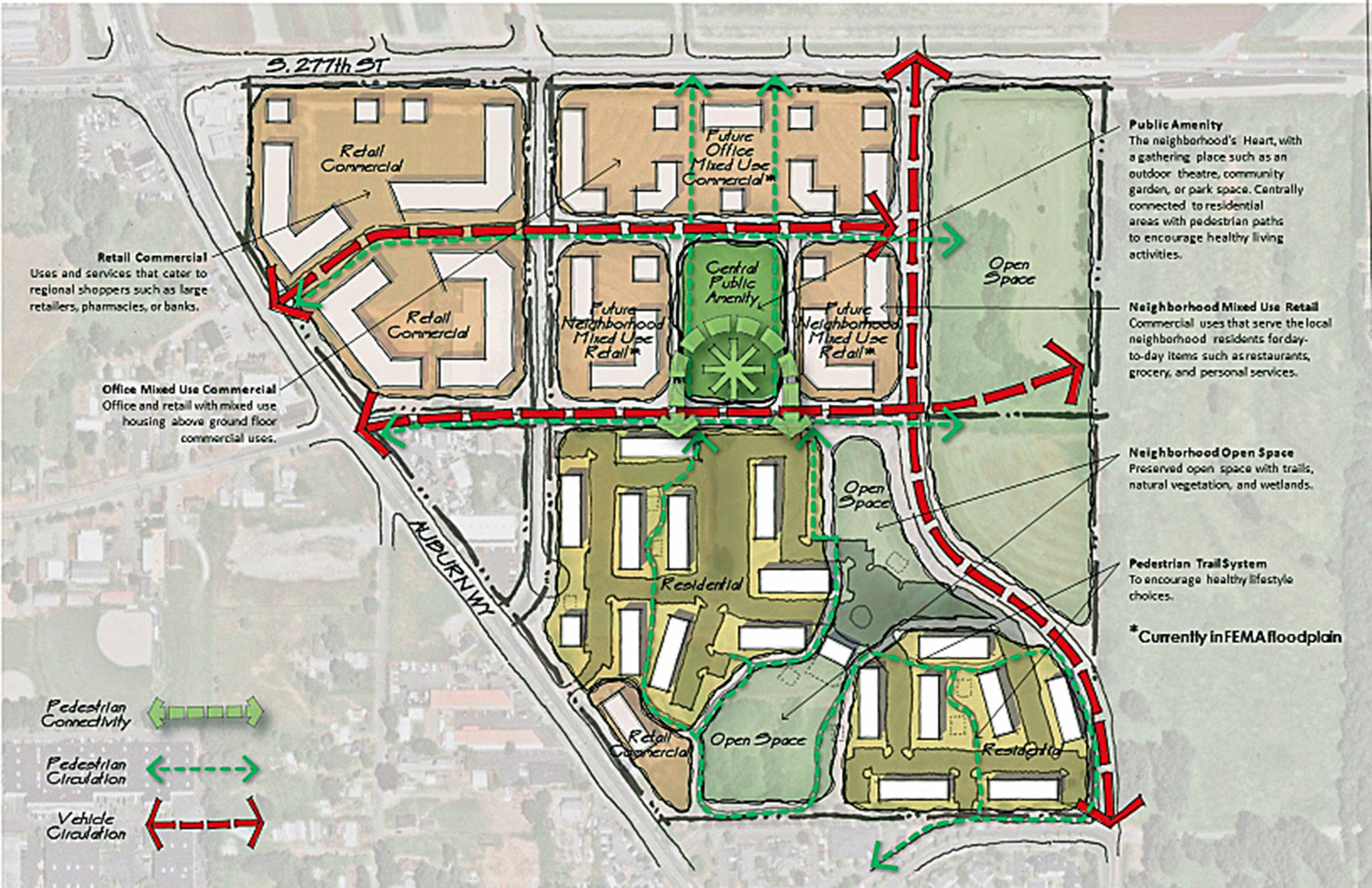 Inland Group LLC displays the full, multi-phased, residential-commercial buildout it has proposed to construct on the old Valley 6 Drive-In Theaters site in north Auburn. The first phase calls for construction of housing. COURTESY IMAGE, city of Auburn