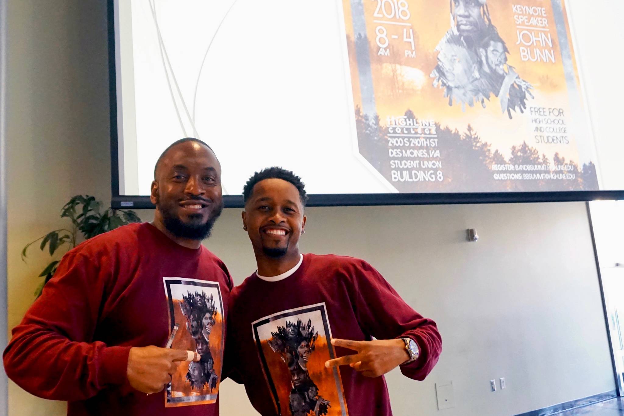 Co-founder Rashad Norris, director of Highline College community engagement, with Black and Brown Male Summit planning committee member, Loyal Allen, associate dean for Student Funding Services, at last year’s Black and Brown Male Summit. COURTESY PHOTO, Highline College
