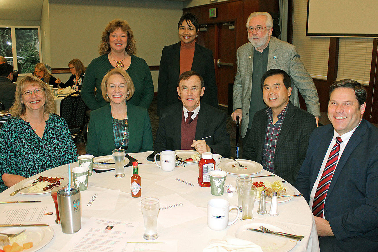 At the breakfast are, from left: Pacific Mayor Leanne Guier; Seattle Major Jenny Durkan; Auburn Mayor Nancy Backus; King County Councilmember Pete von Reichbauer; Federal Way Public Schools Superintendent Tammy Campbell; Algona Mayor Dave Hill; former Federal Way Mayor Mike Park; and Federal Way Mayor Jim Ferrell. COURTESY PHOTO