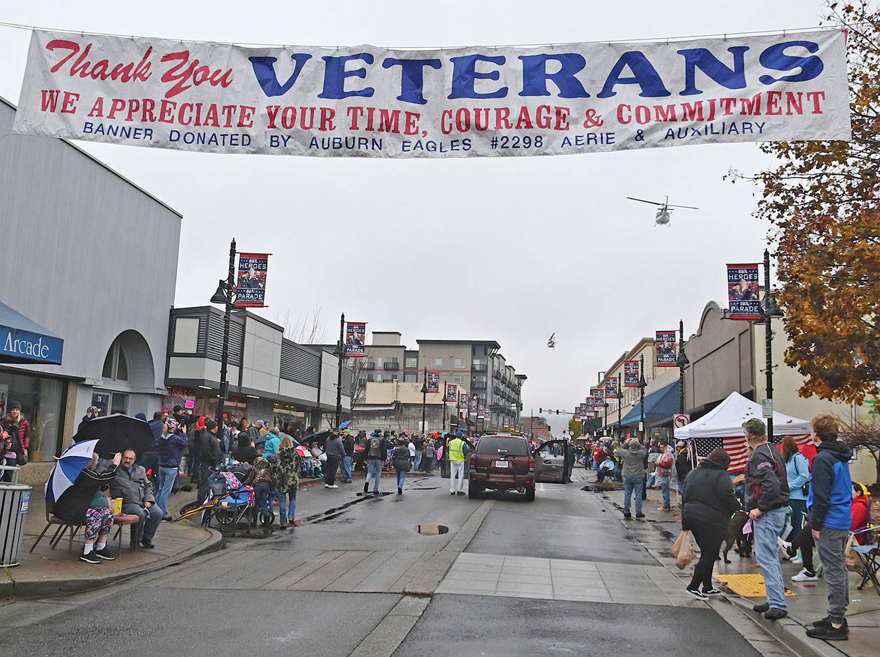 A Huey UH-1H flyover from the King County Sheriff’s Department began festivities at the Auburn Veterans Day Parade on Nov. 9. RACHEL CIAMPI, Auburn Reporter