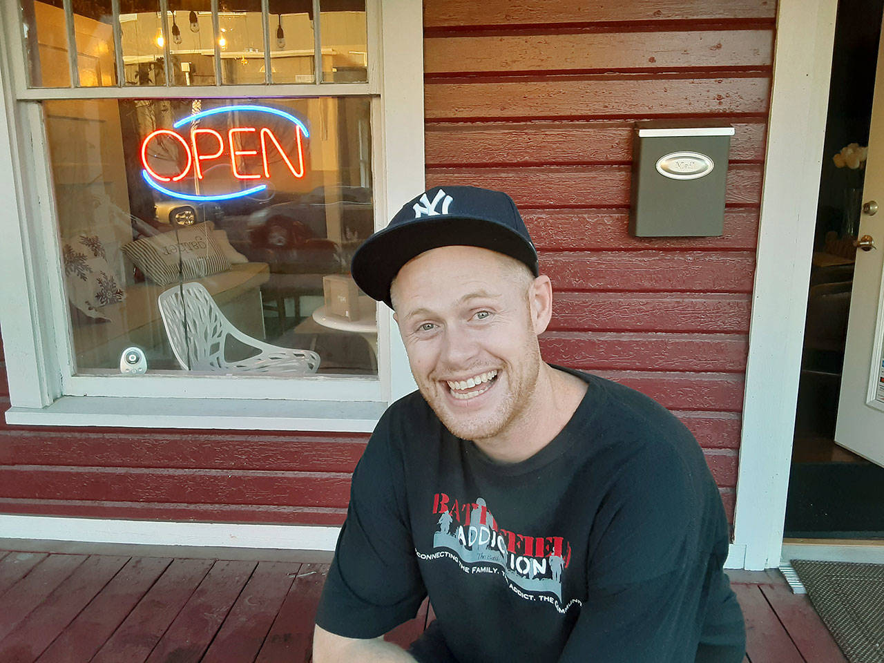 Battlefield Coffee House is brewing up coffee and offering its help again to people beset with addiction, and to their families, says Jordan Bonathan, pictured here, one of those whom Battlefield has helped and today one of its volunteers. ROBERT WHALE, Auburn Reporter