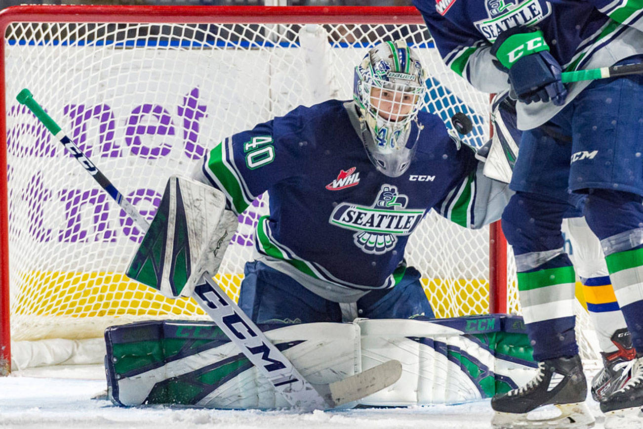 Seattle goalie Blake Lyda makes one of his 35 saves during his stellar performance against Saskatoon on Saturday night. COURTESY PHOTO, Brian Liesse, T-Birds