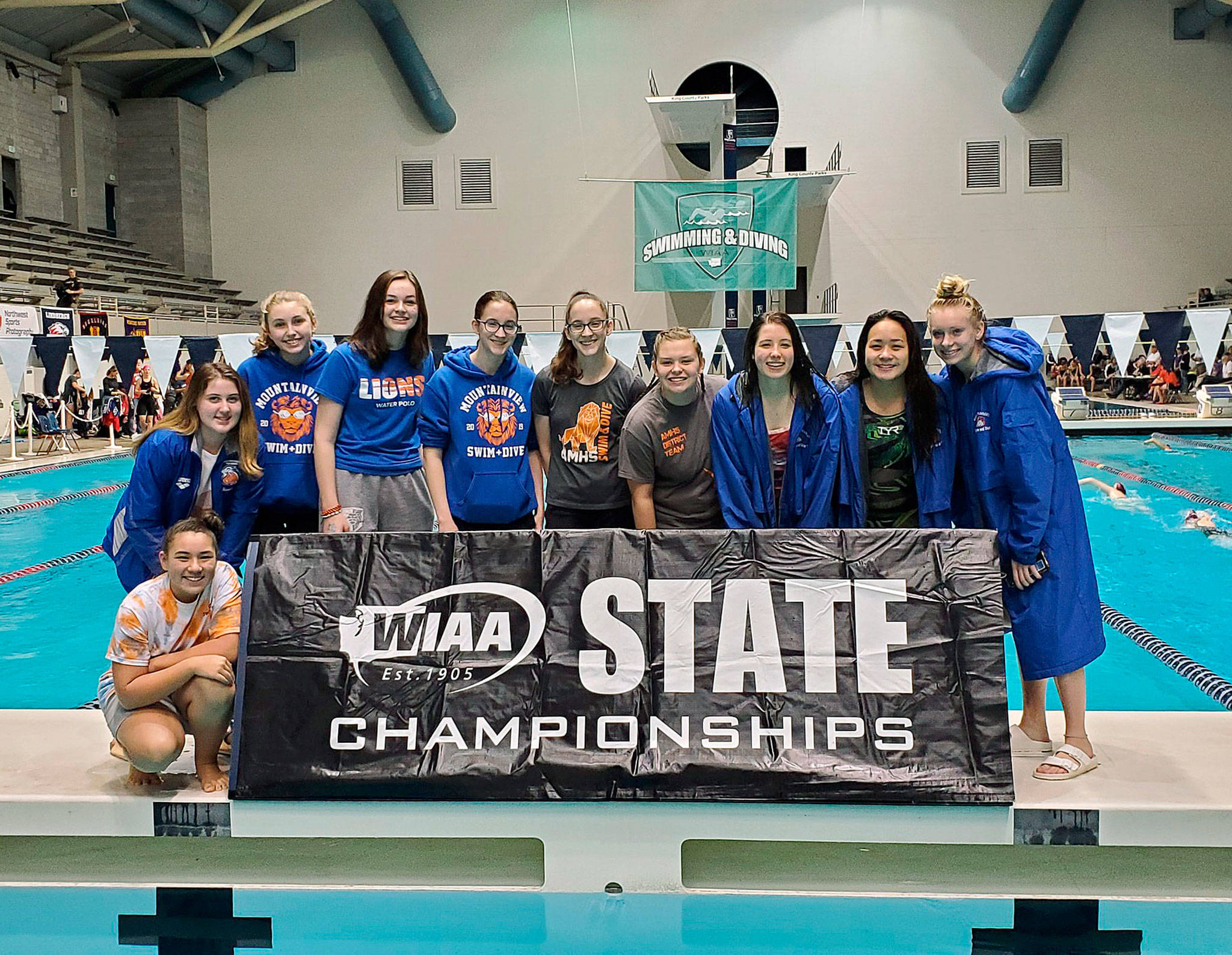 The Lions swim team, from left, Kiyomi Harris (kneeling), Hannah Hatley, Leah Downing, Danielle Williams, Erica Lipinski, Megan Lipinski, Devyn Nelson, Emily Ward, Jade Le and Mairead Quigley. COURTESY PHOTO