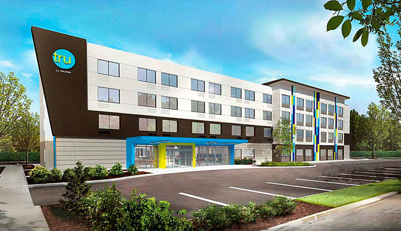 This artist’s rendering depicts what the Hilton hotel south of Safeway on Auburn Way South will look like. COURTESY IMAGE
