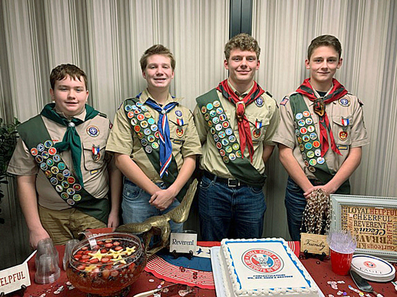Boy Scout Troop 343 members, from left, Brayden Agnew, Aiden Grames, Ben Caillier and Wil Caillier recently earned the Eagle rank. COURTESY PHOTO