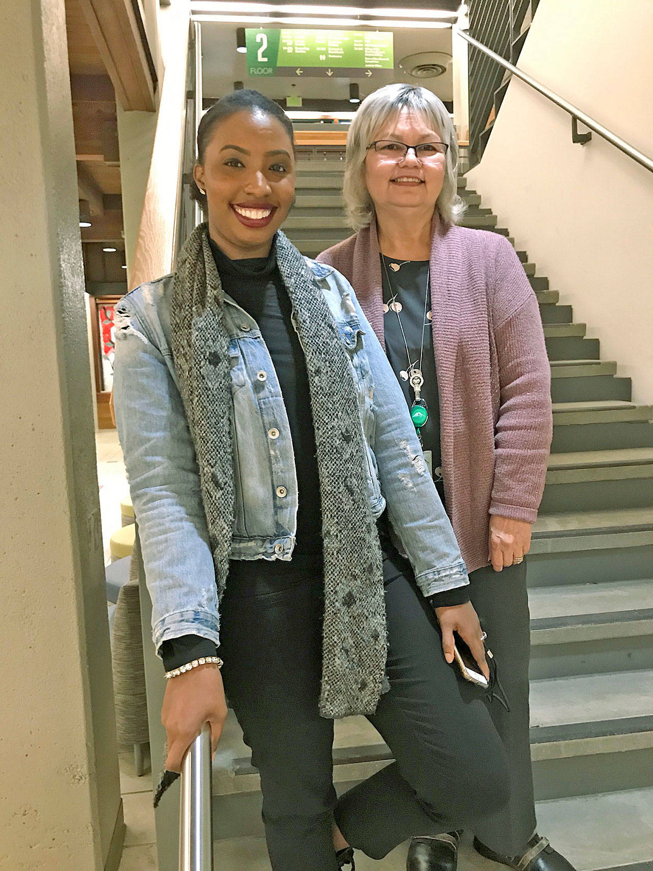 Basha Alexander, progress and completion advisor in the Career & Advising Center at Green River College, left, and Diana Holz, director of early childhood education at the school, are helping student-parents navigate their education with helpful resources. MARK KLAAS, Auburn Reporter