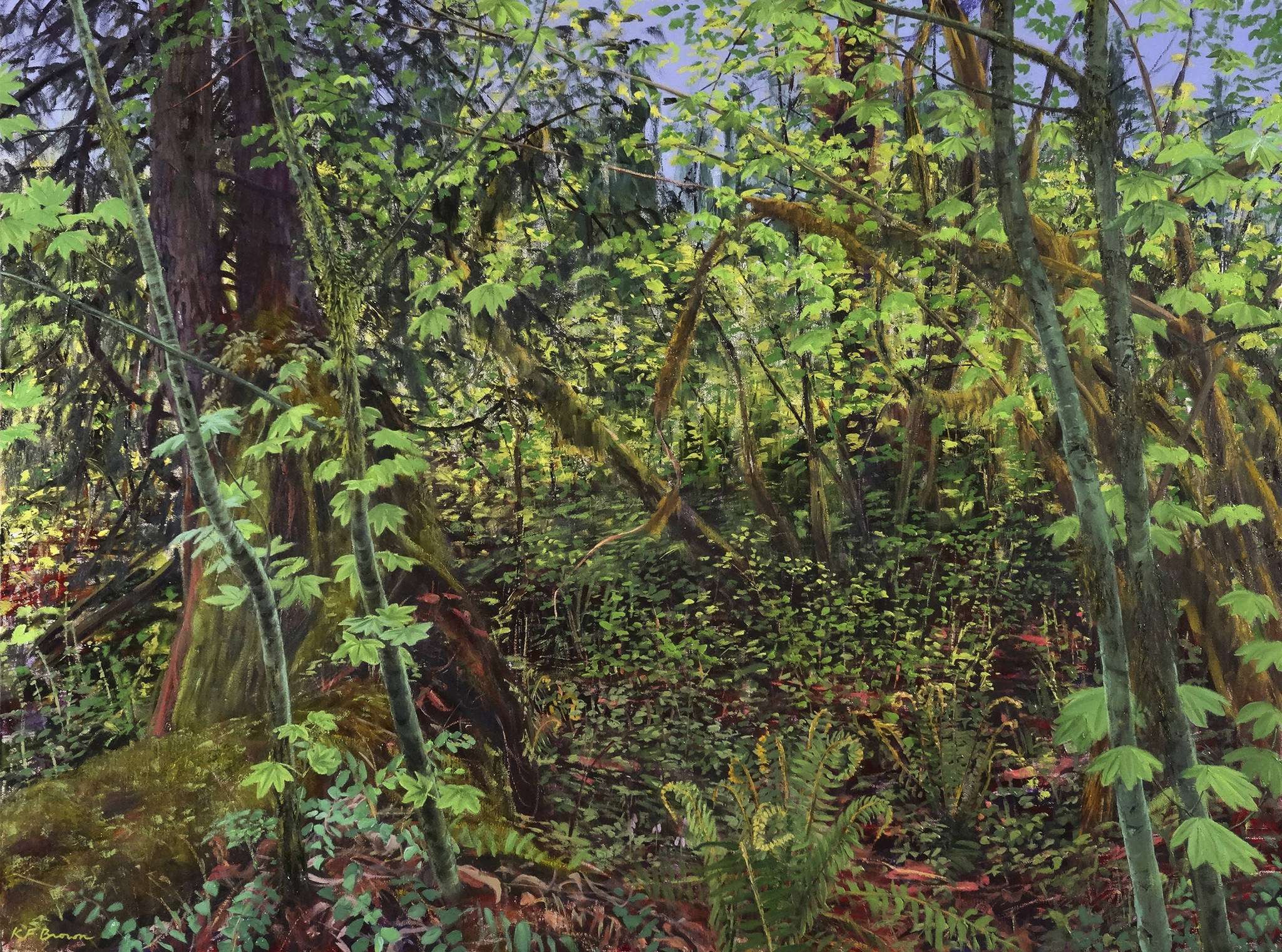 Kathy Frugè Brown’s oil on canvas painting, Path near the River, is among the artist’s works that will be display at Green River College’s Helen Smith Gallery until March 12, alongside a selection of the sculptures ofChristopher Gildow.