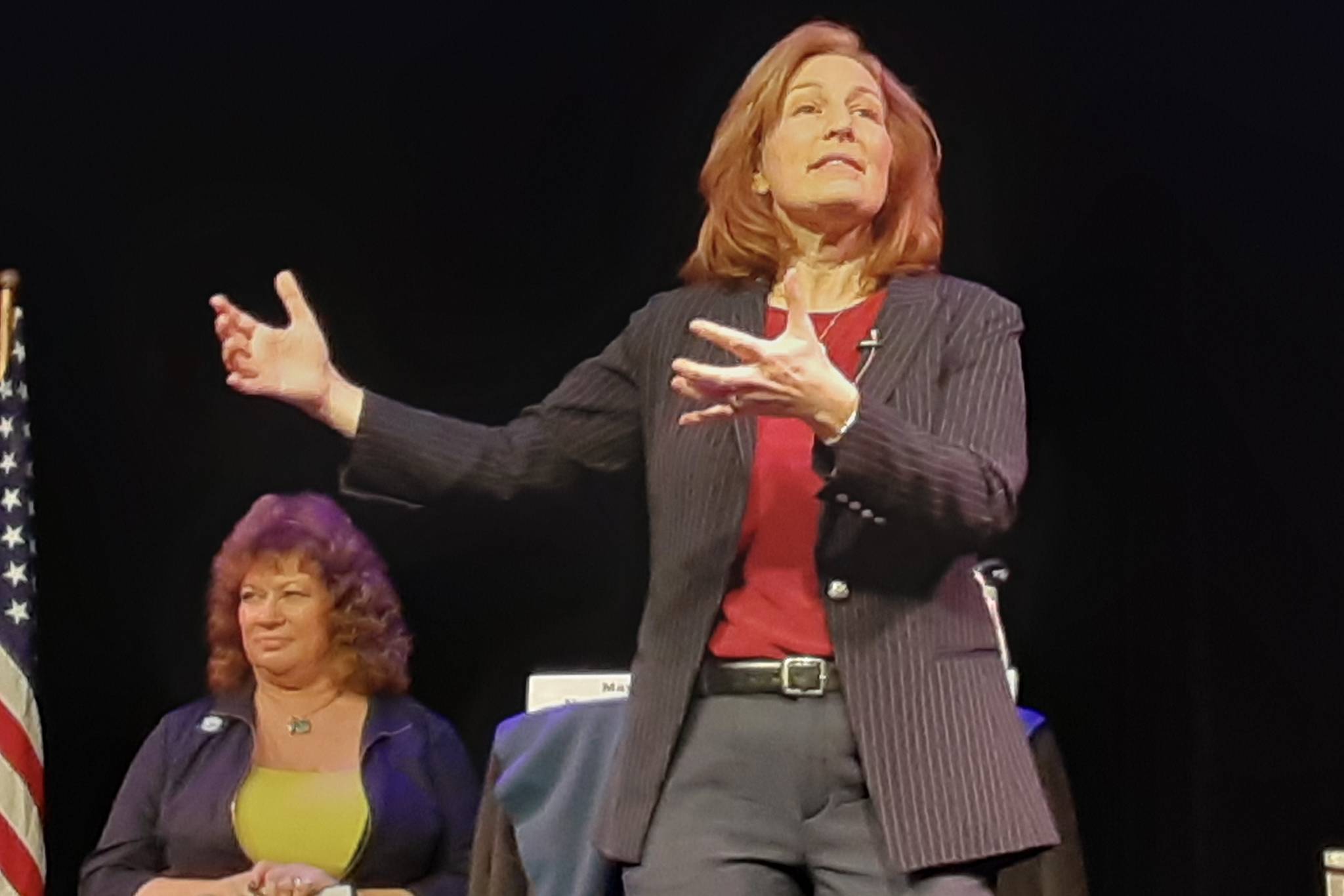 U.S. 8th Congressional District Rep. Kim Schrier, D-Issaquah, addresses a town hall at Auburn Avenue Theater last Sunday afternoon. ROBERT WHALE, Auburn Reporter