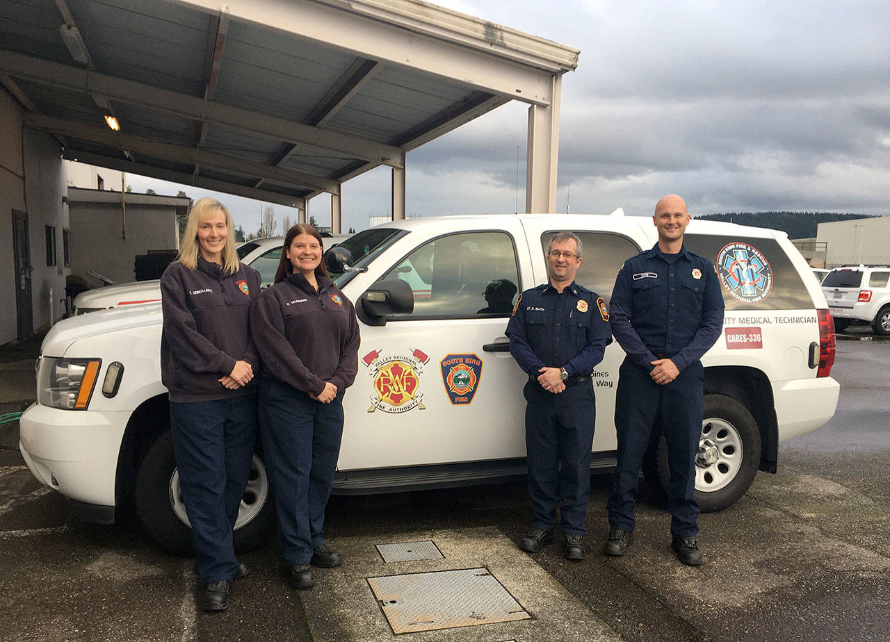 From left, social workers Tamara Liebich-Lantz and Carrie Talamaivao, SKFR Capt. Roy Smith and VRFA Firefighter Johan Friis smile for a photo in front of the CARES SUV at the Valley Regional Fire Authority Station 35. Photo courtesy of CARES
