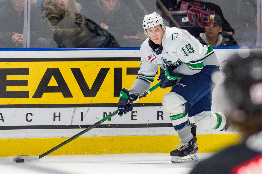 The Thunderbirds’ Andrej Kukuca brings the puck up the ice during WHL action against Moose Jaw on Tuesday night at the accesso ShoWare Center. COURTESY PHOTO, Brian Liesse, T-Birds