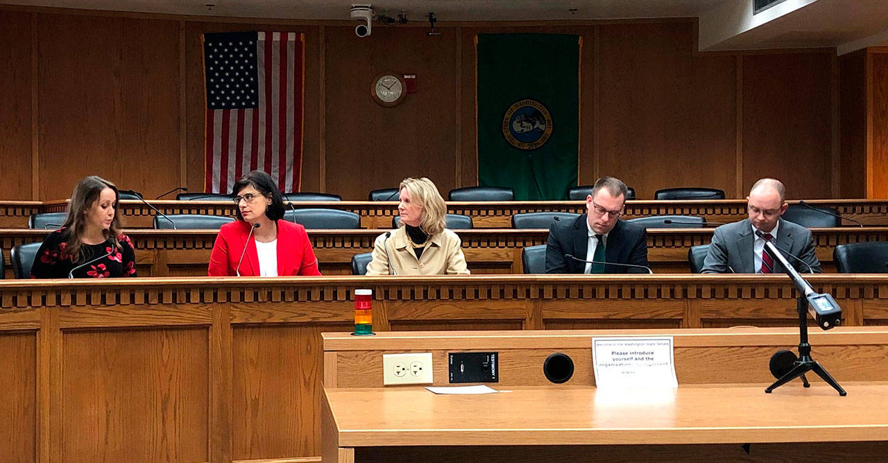 Discussing homeless on Jan. 9 are, from left, Associated Press Olympia correspondent Rachel La Corte, Rep. Nicole Macri (D-Seattle), Sen. Patty Kuderer (D-Bellevue), Sen. Hans Zeiger (R-Puyallup) and Rep. Morgan Irwin (R-Enumclaw). Photo by Leona Vaughn/WNPA News Service