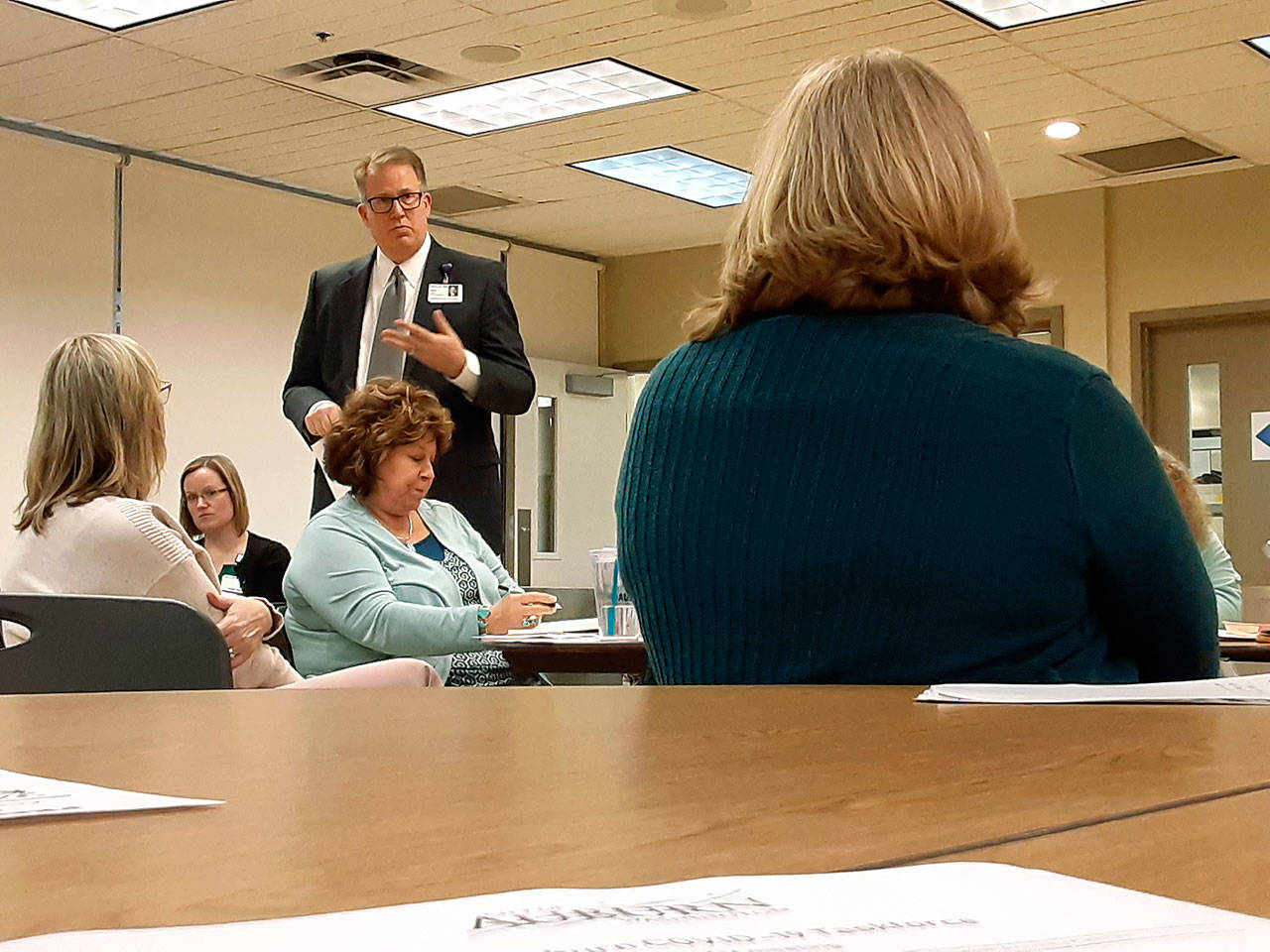 Mark Smith, president and CEO of MultiCare Auburn Medical Center, addresses the community gathering Tuesday.Smith said the hospital has not seen any coronavirus cases – yet. But too many people have been showing at the hospital in the last week with one particular wrong idea in mind, and it’s taxing vital resources. “We don’t want to tell people to stay away if they need genuine medical care, but what we have already seen – and we’ll see more of it – is that people are coming because they want to be tested,” Smith said. ROBERT WHALE, Auburn Reporter