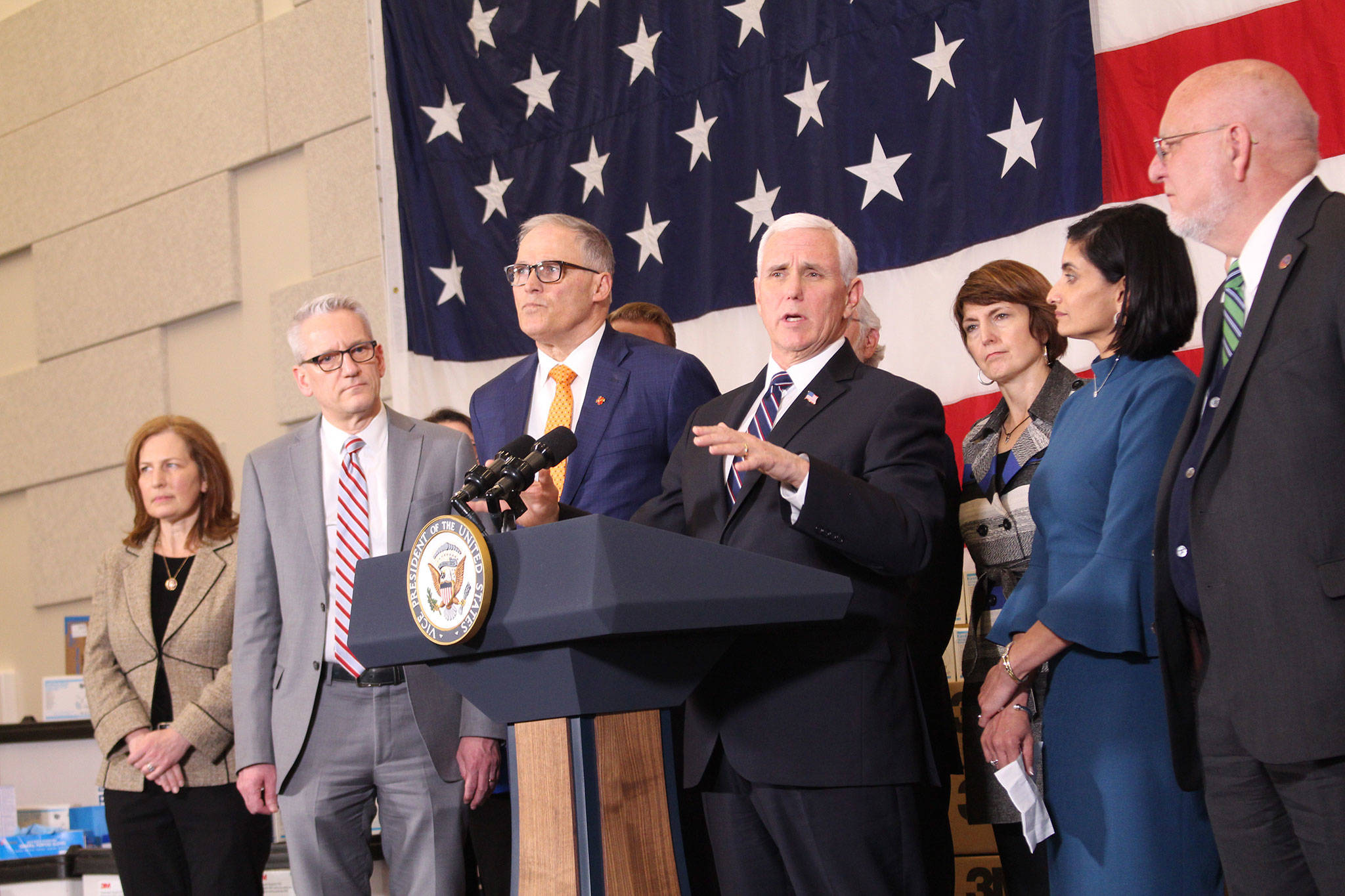 Vice President Mike Pence addresses the coronavirus outbreak situation in Washington after meeting with Governor Jay Inslee and public health officials at Camp Murray. Photo by Cameron Sheppard/WNPA News Bureau