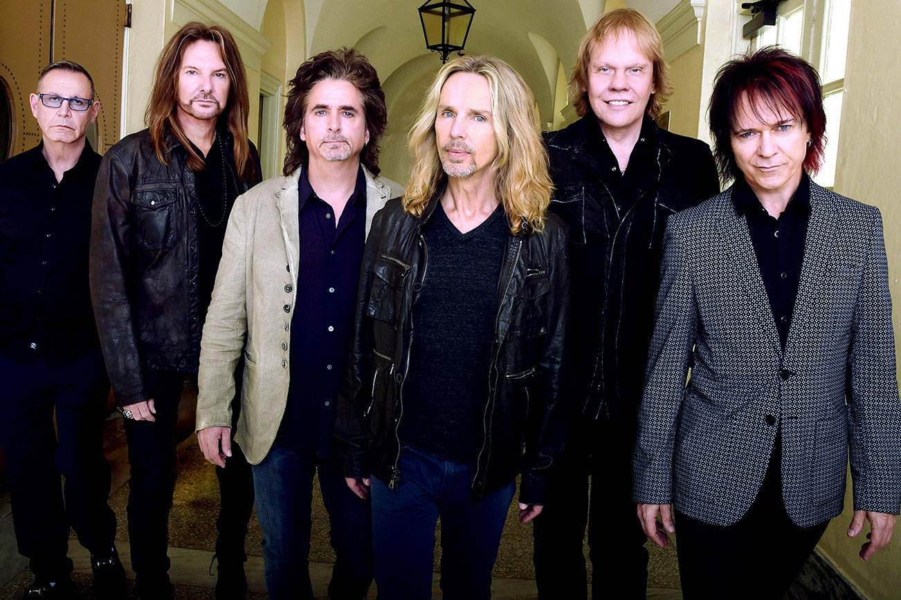 Rock Group STYX, from left: Chuck Panozzo, Ricky Phillips, Todd Sucherman, Tommy Shaw, James “J.Y.” Young and Lawrence Gowan. COURTESY PHOTO, Rick Diamond/Getty Images for STYX)