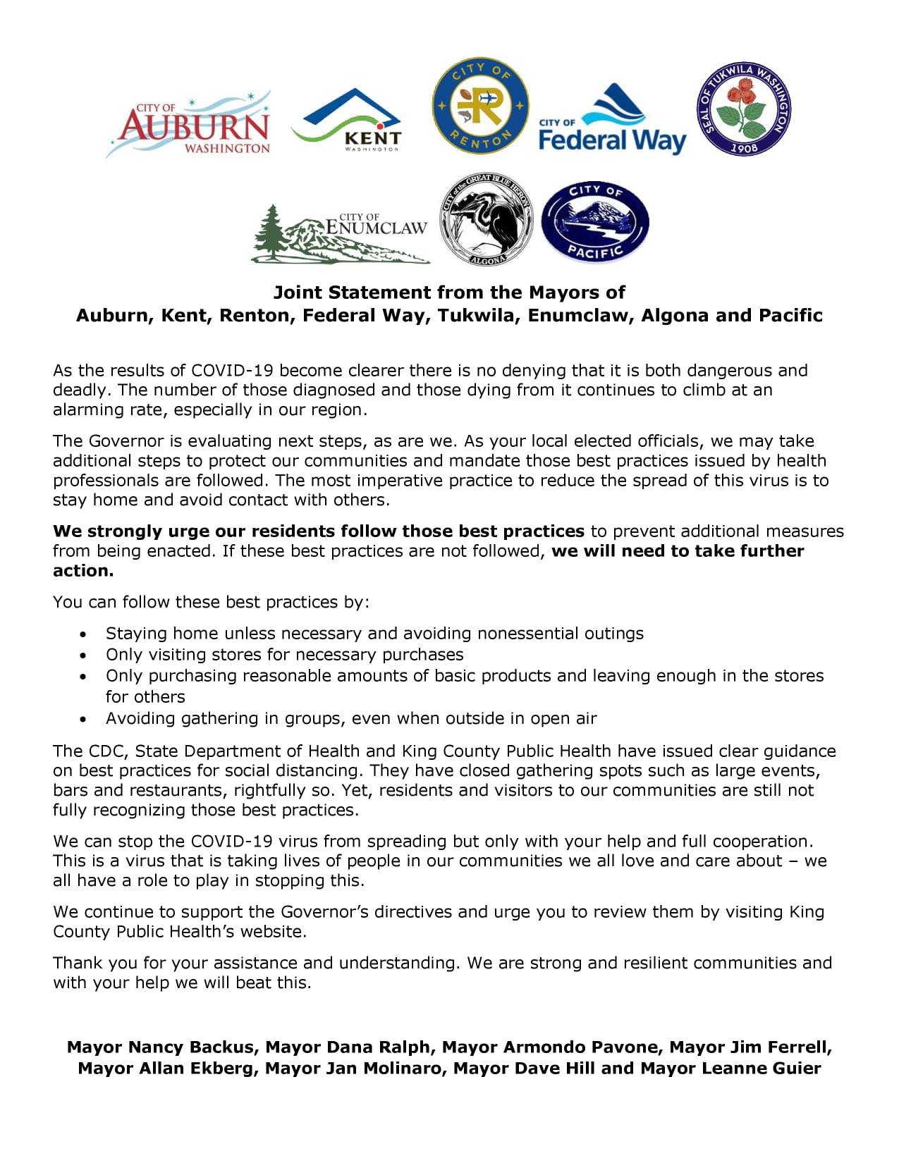 Joint statement from the mayors of Auburn, Kent, Renton, Federal Way, Tukwila, Enumclaw, Algona and Pacific was issued Sunday, March 22, in response to the COVID-19 outbreak. Courtesy of City of Kent