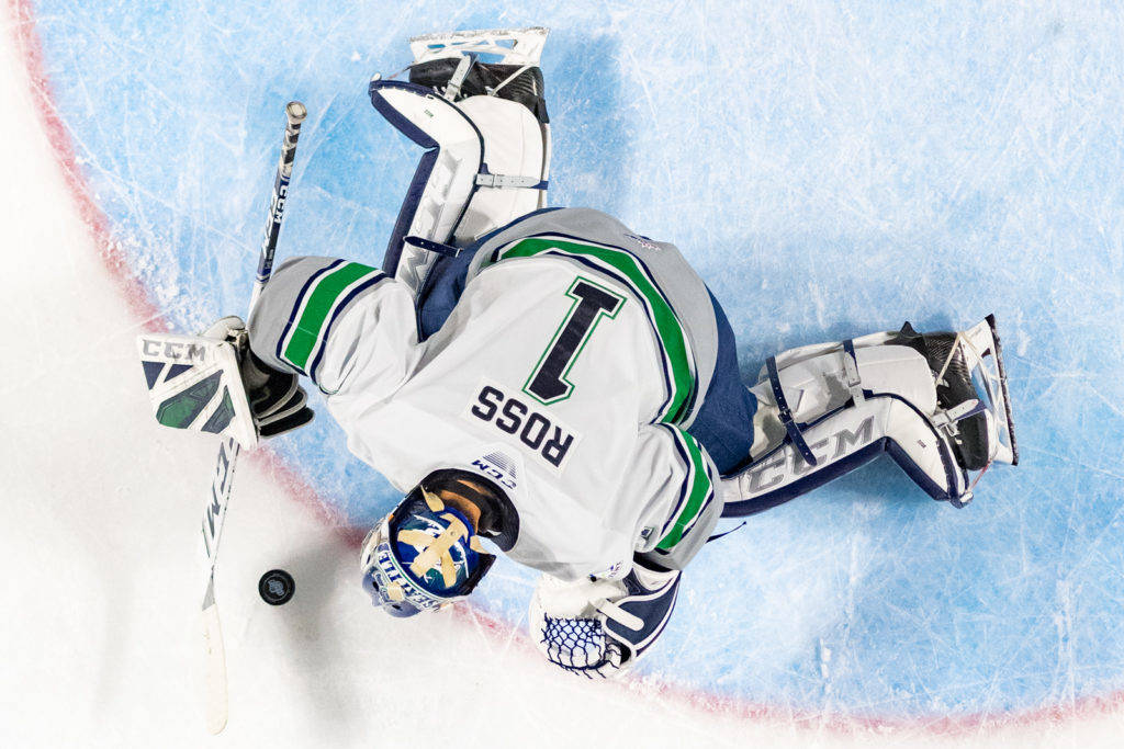 Thunderbirds goalie Roddy Ross makes a save during the team’s 4-2 victory against the Tri-City Americans at the accesso ShoWare Center on Jan. 28. COURTESY PHOTO, Brian Liesse, T-Birds