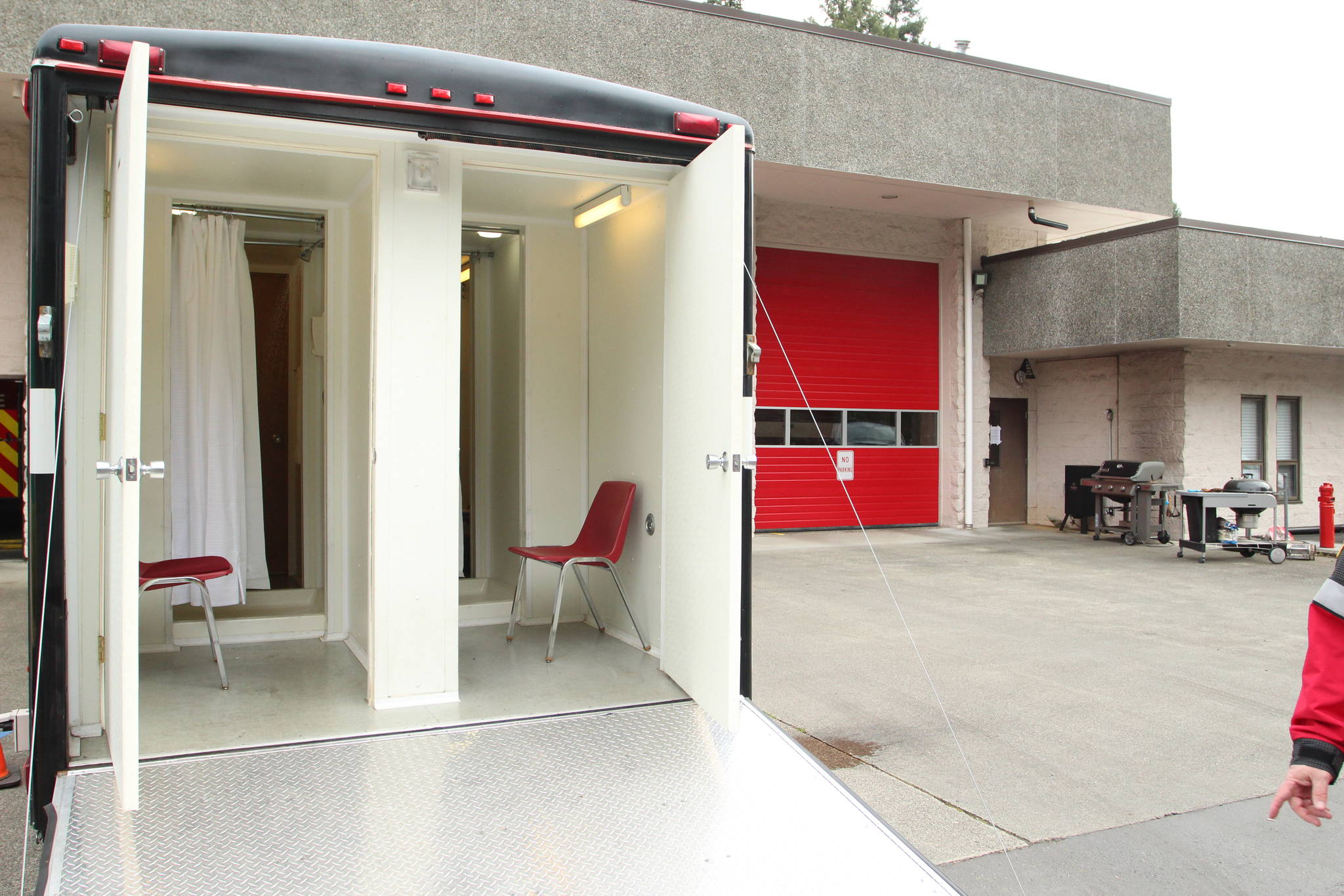 Housed at Station 61, South King Fire’s Hazardous Materials trailer provides private showers for law enforcement officers needing to decontaminate after coming in contact with potential COVID-19 patients. Olivia Sullivan/staff photo