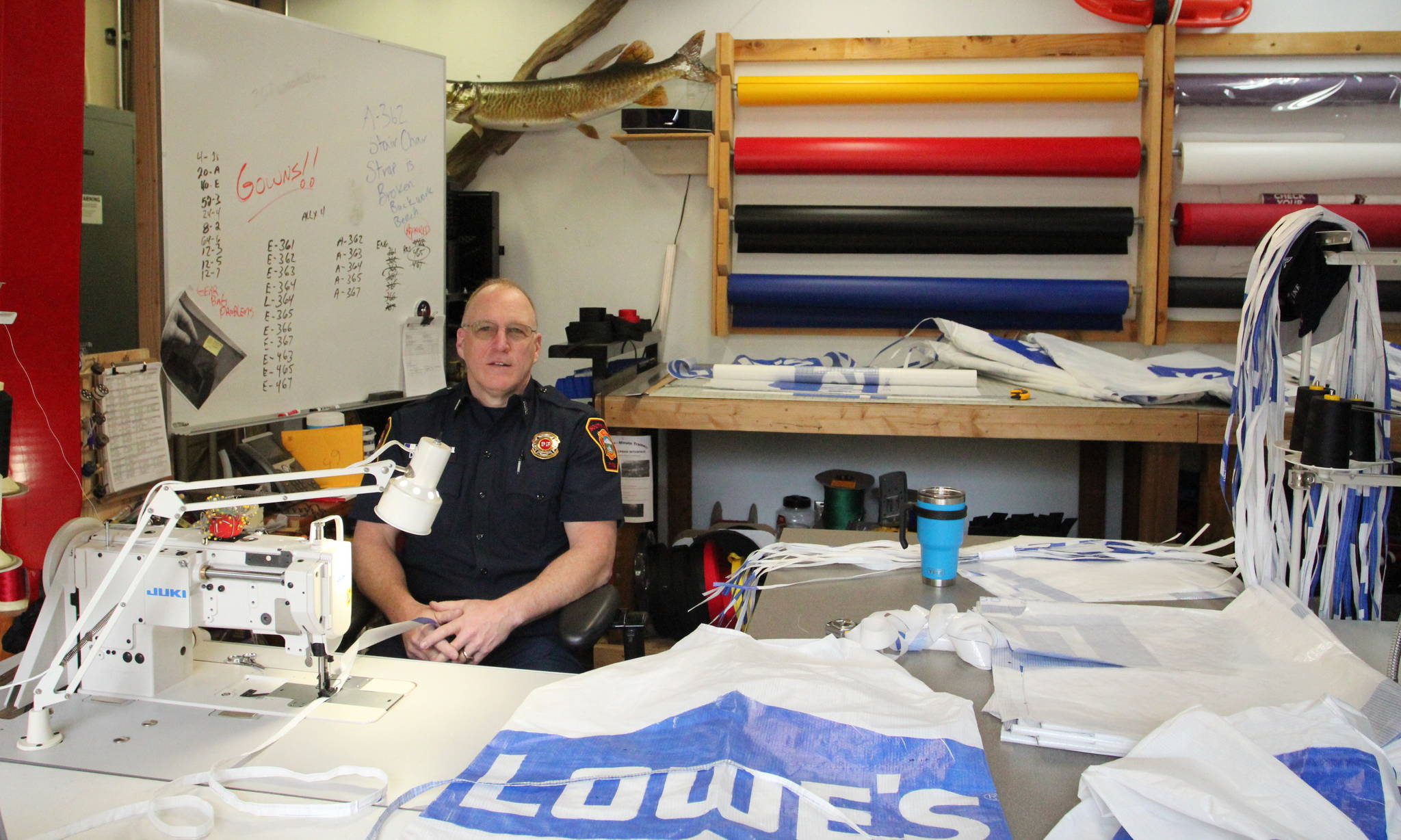 The sewing room at South King Fire’s Station 65 is where firefighter Jim Wilson creates equipment, engine covers, protective gowns and more for the department. Olivia Sullivan/staff photo