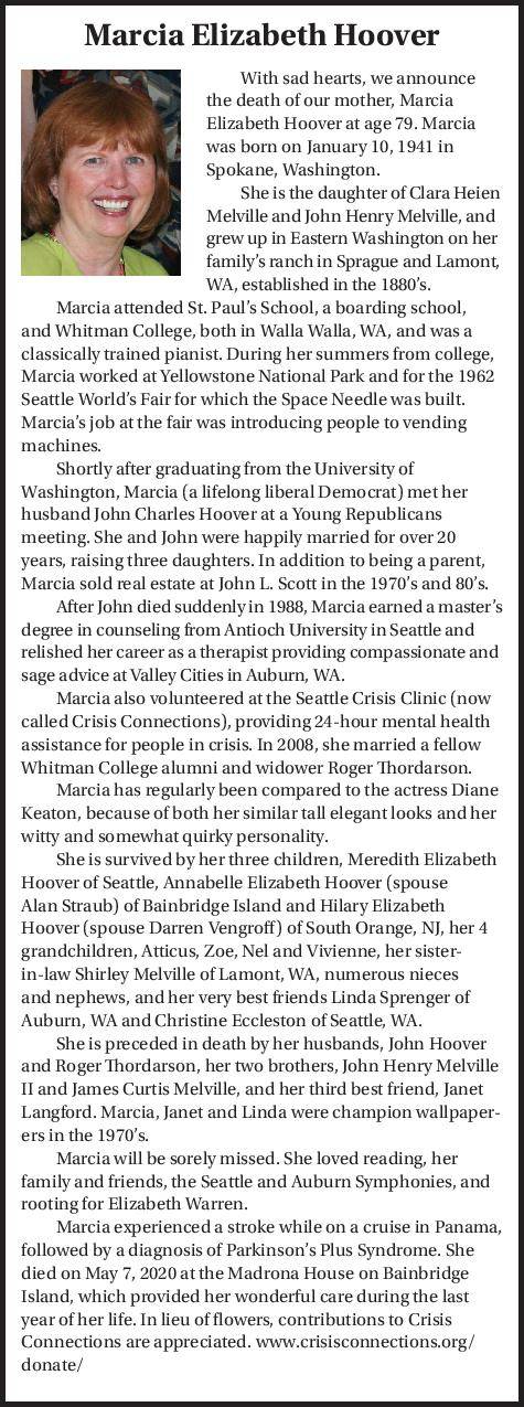 Obituary: Marcia Elizabeth Hoover