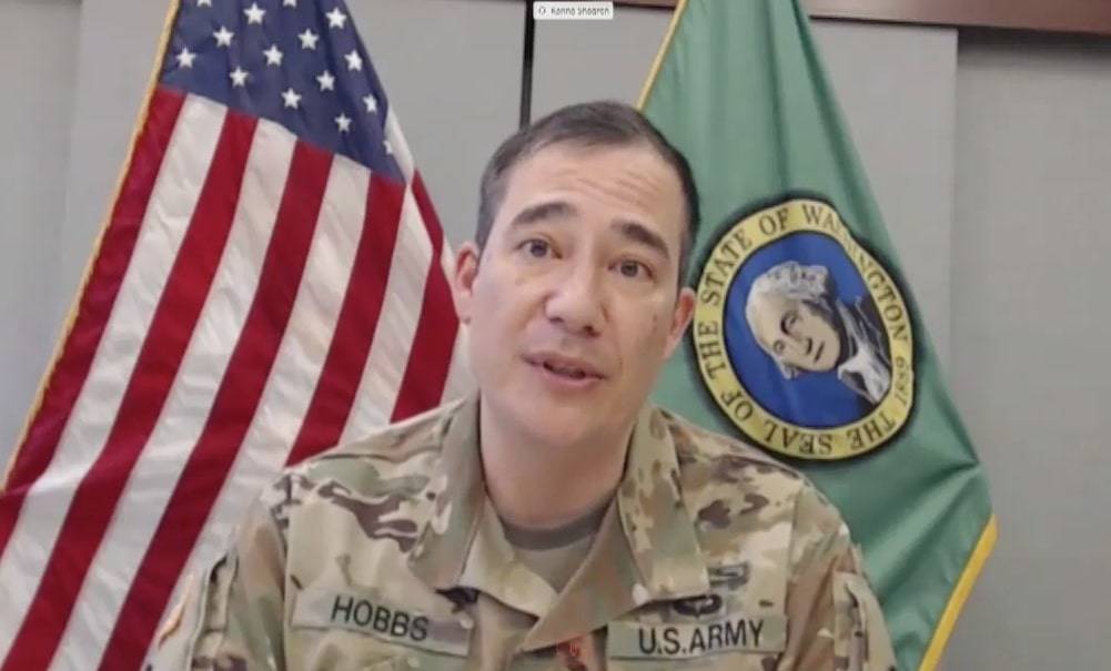 Steve Hobbs of Lake Stevens, a state senator and lieutenant colonel in the National Guard, speaks during Gov. Jay Inslee’s online press conference Tuesday. Screenshot