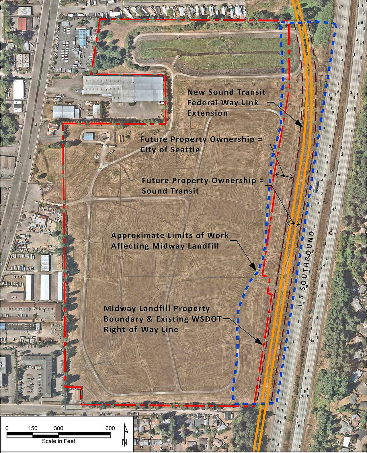 A map shows the former Midway Landfill in the center, with the I-5 freeway just to the right. A double yellow line shows the future path of light rail along the freeway at the landfill’s edge. A red line shows the landfill boundaries. A blue line shows the work area for light rail construction. Crews will close part of I-5 southbound May 18-21 for access road work. COURTESY GRAPHIC, State Ecology