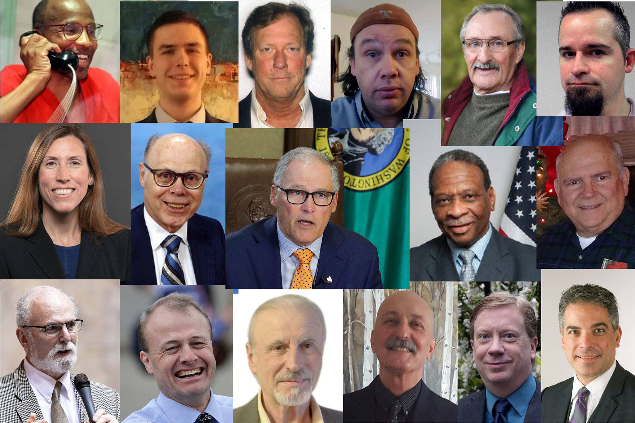 Among the candidates for Washington state governor in 2020: (Top row, L-R): Omari Tahir Garrett, Winston Wilkes, Thor Amundson, Cameron Vessey, Martin ‘Iceman’ Wheeler, Ryan Ryals; (middle row L-R): Liz Hallock, Goodspaceguy, Gov. Jay Inslee, Don Rivers, Gene Hart; (bottom row L-R): Phil Fortunato, Tim Eyman, Alex Tsimerman, Cairo D’Almeida, Cregan Newhouse, Raul Garcia.