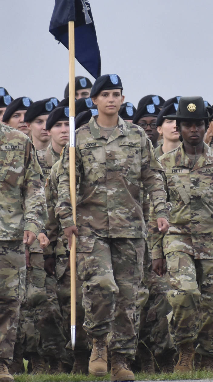 Photo courtesy Abigail Gooch                                Abigail Gooch, here at the head of her ROTC UIW command, heads to Fort Rucker in Alabama next week as a first lieutenant in training to become a helicopter pilot. She’s a 2016 graduate of Auburn Riverside High School.