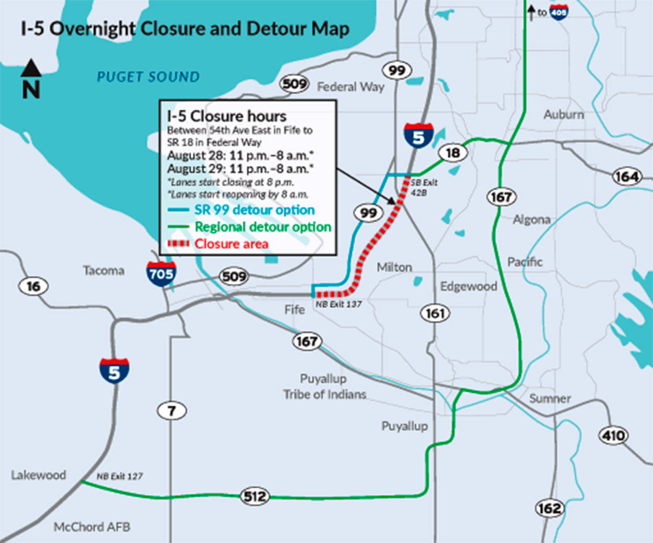 Courtesy graphic                                Closure and detour routes for I-5 overnight Aug. 28-30 between Fife and Federal Way.