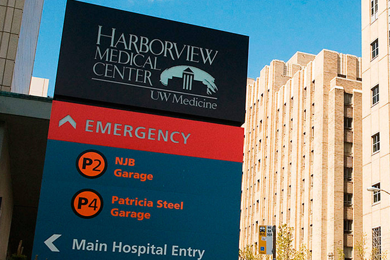 Exterior building and signage view from 9th Avenue of Harborview Medical Center in Seattle, WA. File photo