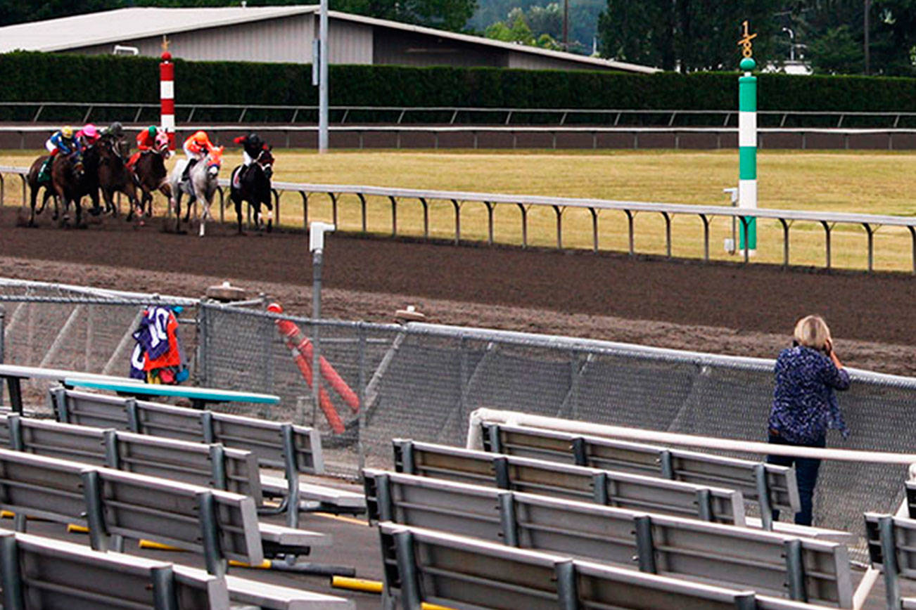file photo
Emerald Downs had an average daily handle of $1.79 million during a shortened 2020 season that concluded Oct. 29. The average daily handle last season was $1.1 million. Fans were not allowed at the races, including during this photo from opening day.