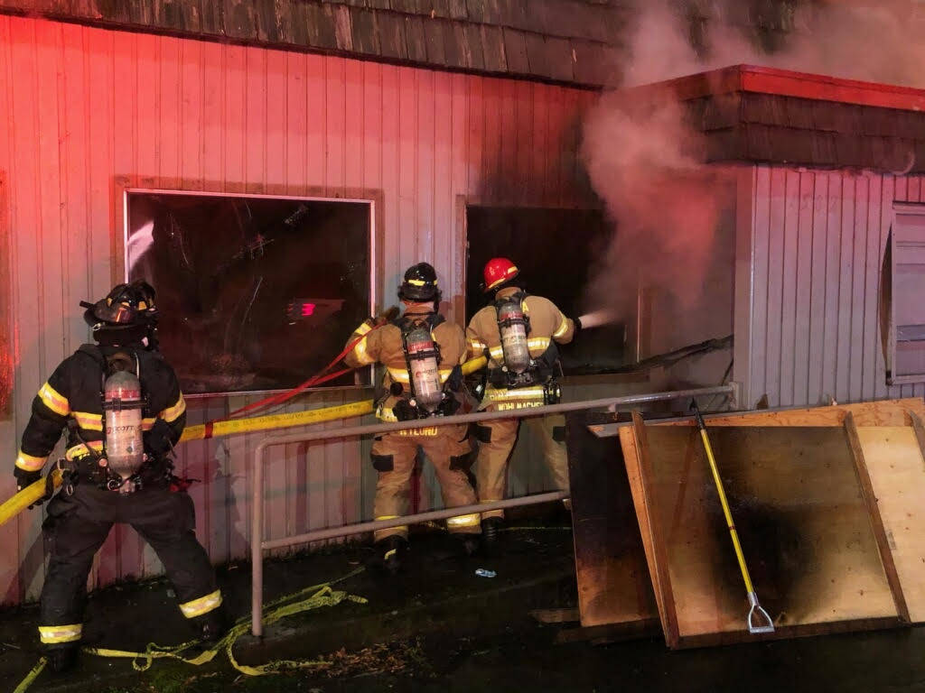 VRFA firefighters attack the fire that torched the old Cool’s Cafe in Pacific Monday morning. Courtesy photo/VRFA