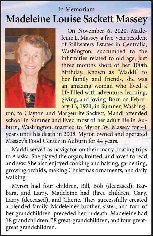 Madeleine Louise Sackett Massey | Obituary
