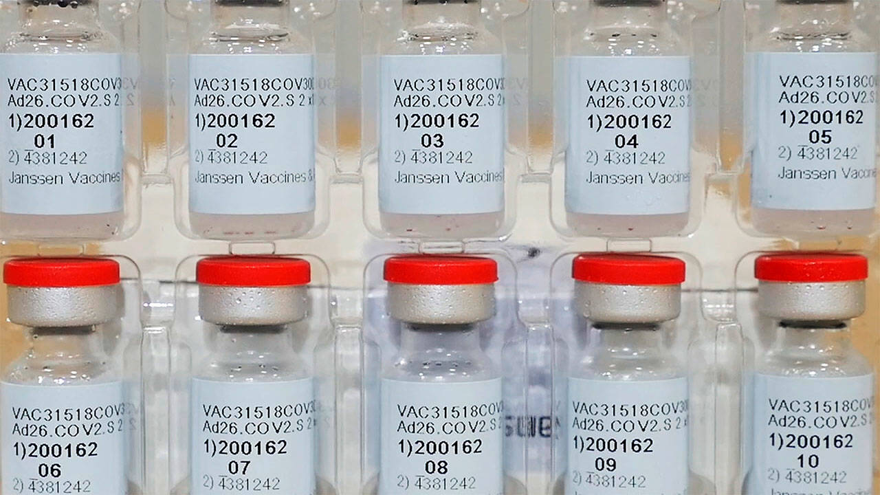 FILE - This Dec. 2, 2020, file photo provided by Johnson & Johnson shows vials of the COVID-19 vaccine in the United States. The U.S. is getting a third vaccine to prevent COVID-19, as the Food and Drug Administration on Saturday, Feb. 27, 2021 cleared a Johnson & Johnson shot that works with just one dose instead of two  (Johnson & Johnson)