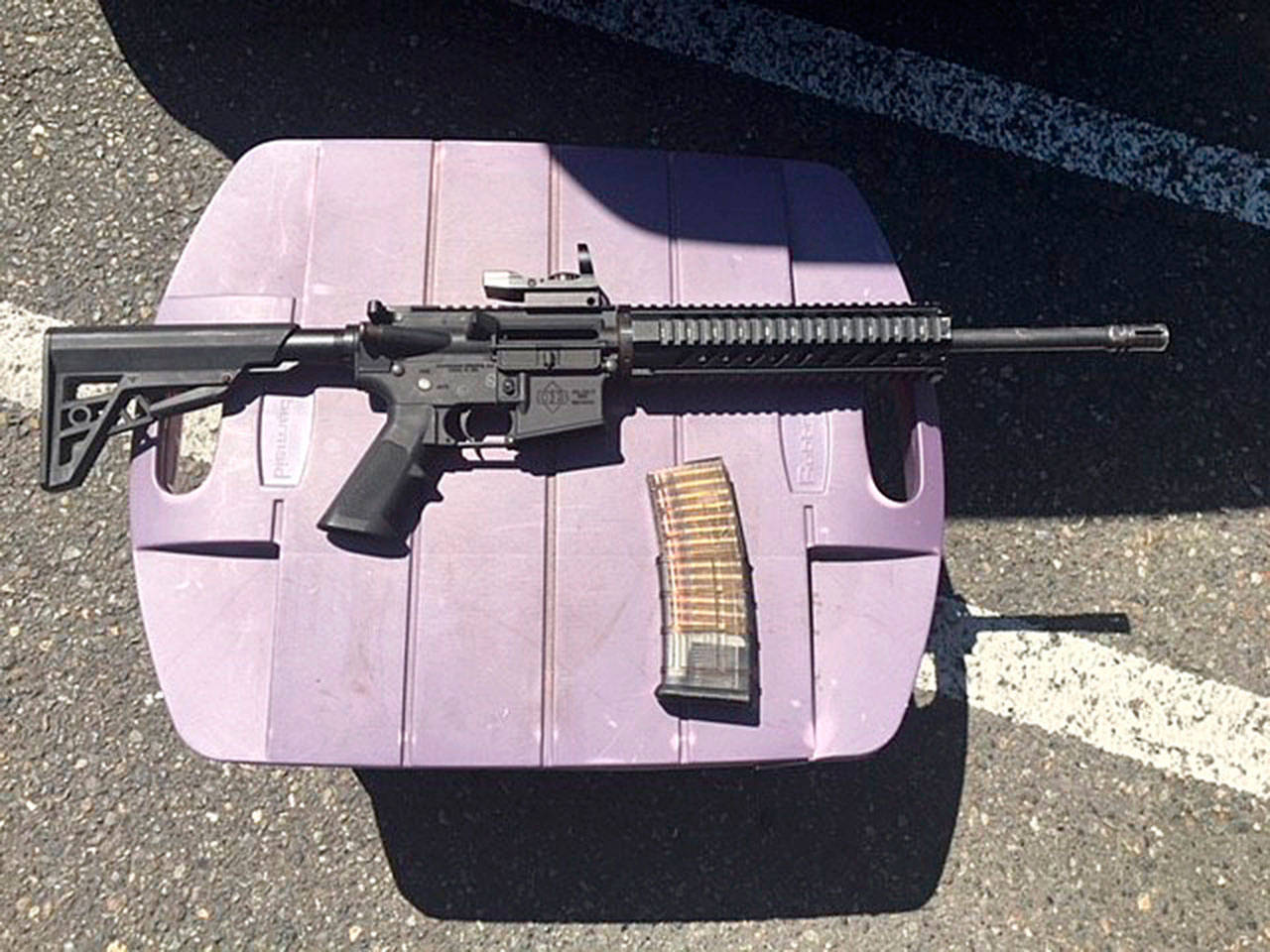 An AR-15 and a loaded magazine were recovered from a suspect in a shooting incident at the Kent Station parking garage in 2019. (King County Sheriff’s Office)