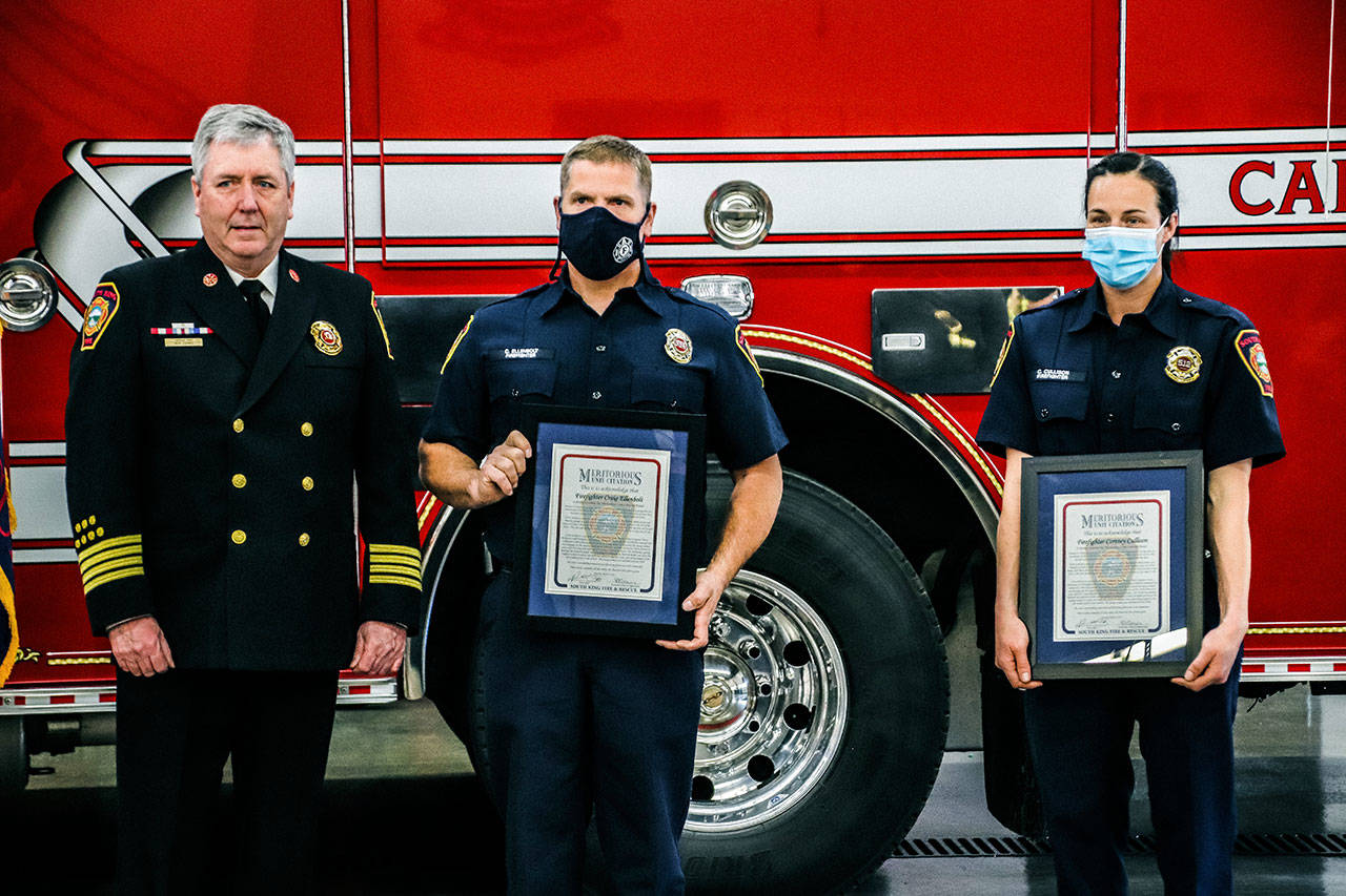 (L-R) Assistant Chief Rick Chaney, Capt. Craig Ellenbolt, and firefighter Courtney Cullison. Photo courtesy of South King Fire