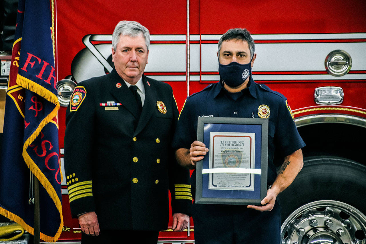 (L-R) Assistant Chief Rick Chaney and firefighter Sal Somoza. Photo courtesy of South King Fire and Rescue
(L-R) Assistant Chief Rick Chaney and firefighter Sal Somoza. Photo courtesy of South King Fire and Rescue