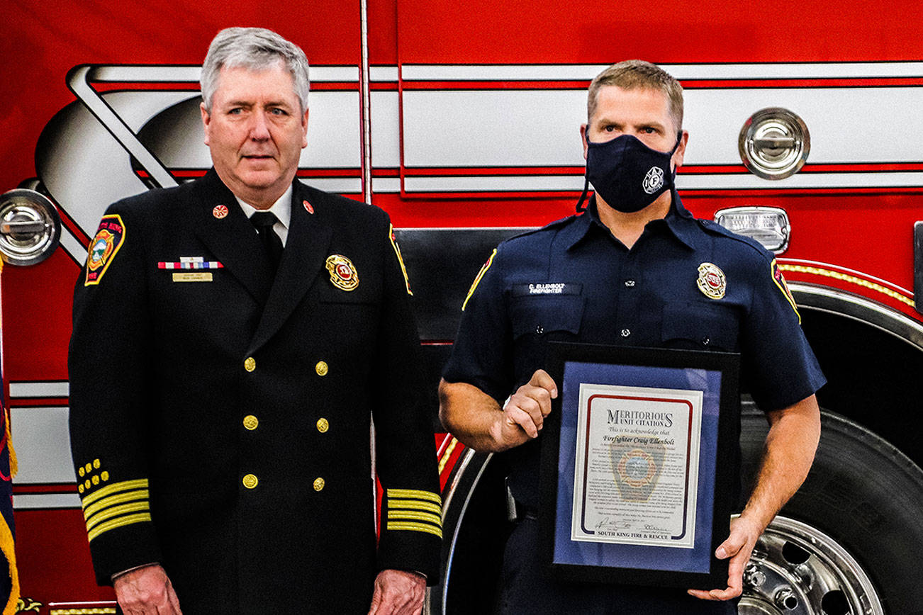 (L-R) Assistant Chief Rick Chaney, Capt. Craig Ellenbolt, and firefighter Courtney Cullison. Photo courtesy of South King Fire