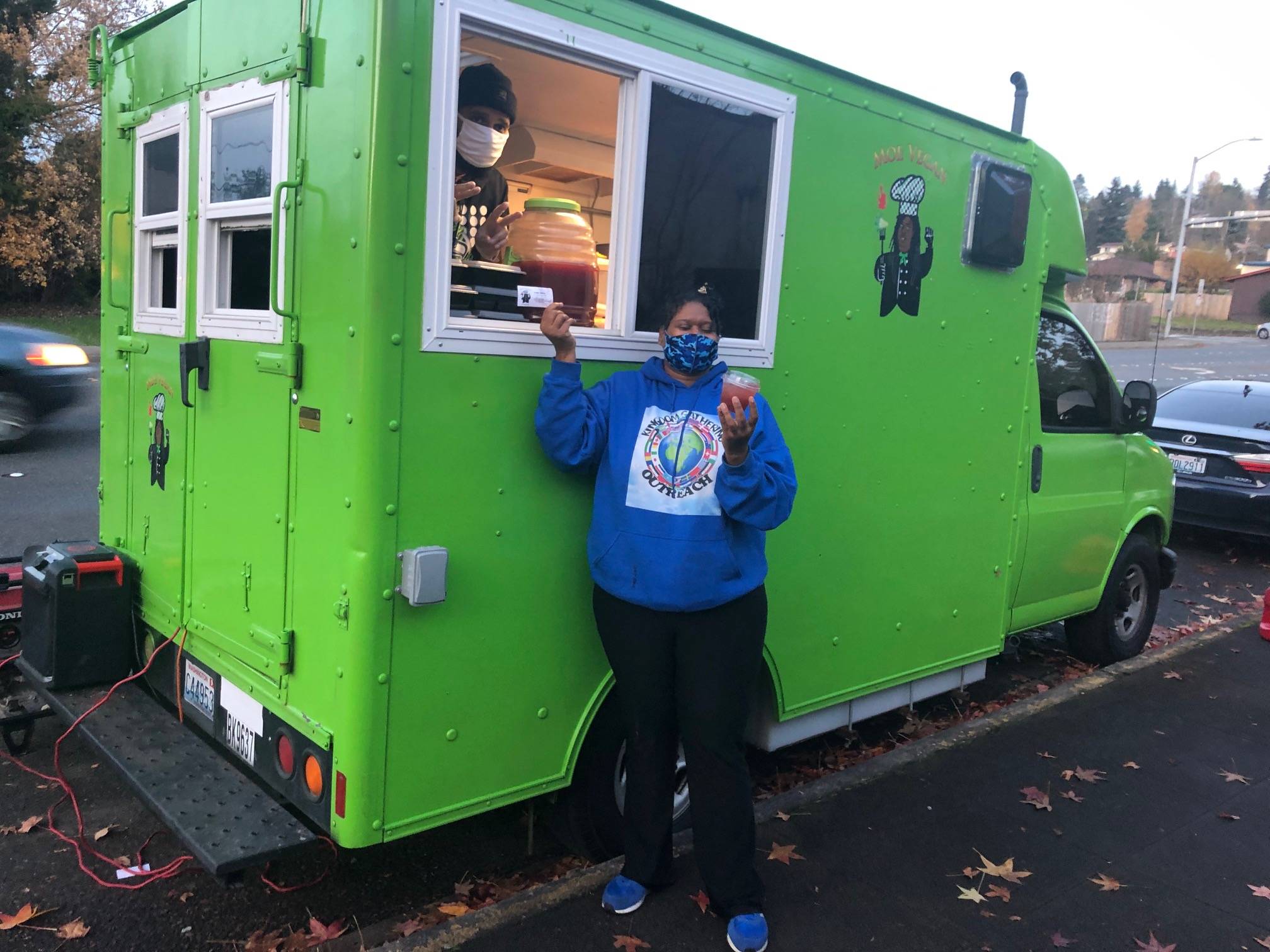 The Moe Vegan food truck serves meals at the city of Kent’s annual Community Thanksgiving Dinner on Nov. 21, 2020. Sound Publishing file photo