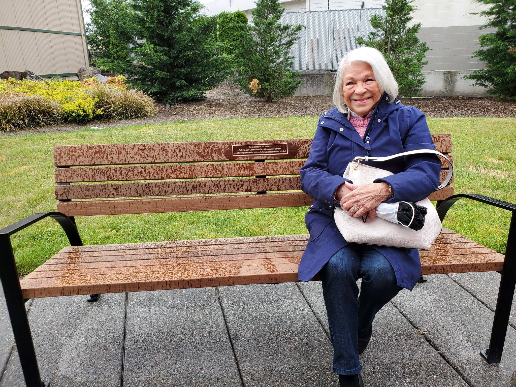 Joyce Peloza after the unveiling of a bench in honor of Bill Peloza. (Photo courtesy of city of Auburn)