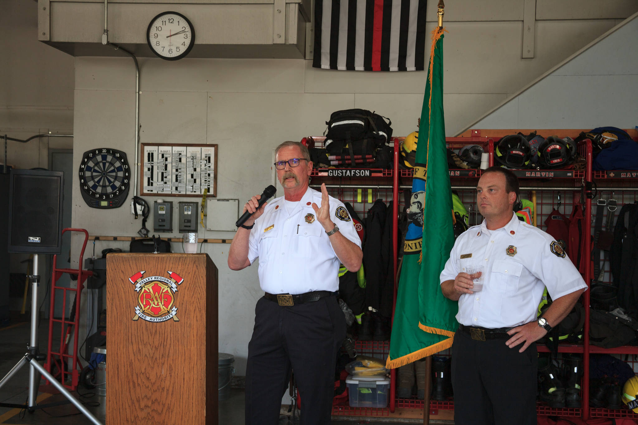 Chief Brent Swearingen gives a speech during the VRFA change of command ceremony on Thursday, Aug. 5, 2021. Photo by Henry Stewart-Wood/Auburn Reporter